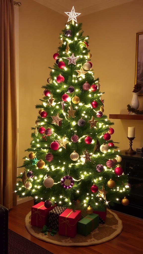 Christmas Tree Decoration Guide A decorated Christmas tree with lights, ornaments, and gifts underneath in a cozy living room.